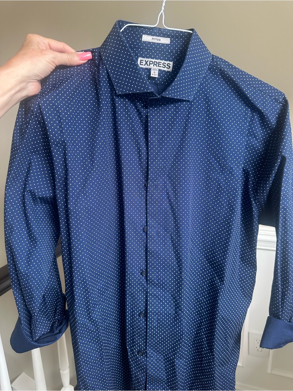 Express Navy Blue Dress Shirt with White Micro Polka Dots